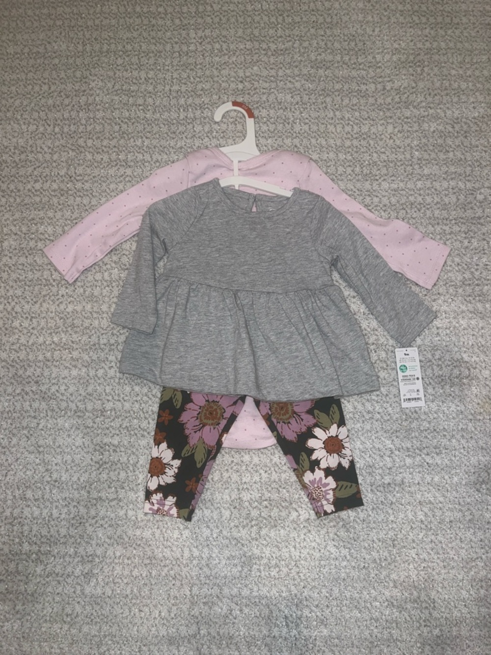Carter’s Baby Girl 3 piece peplum top, floral leggings and onesie 9M | NWT